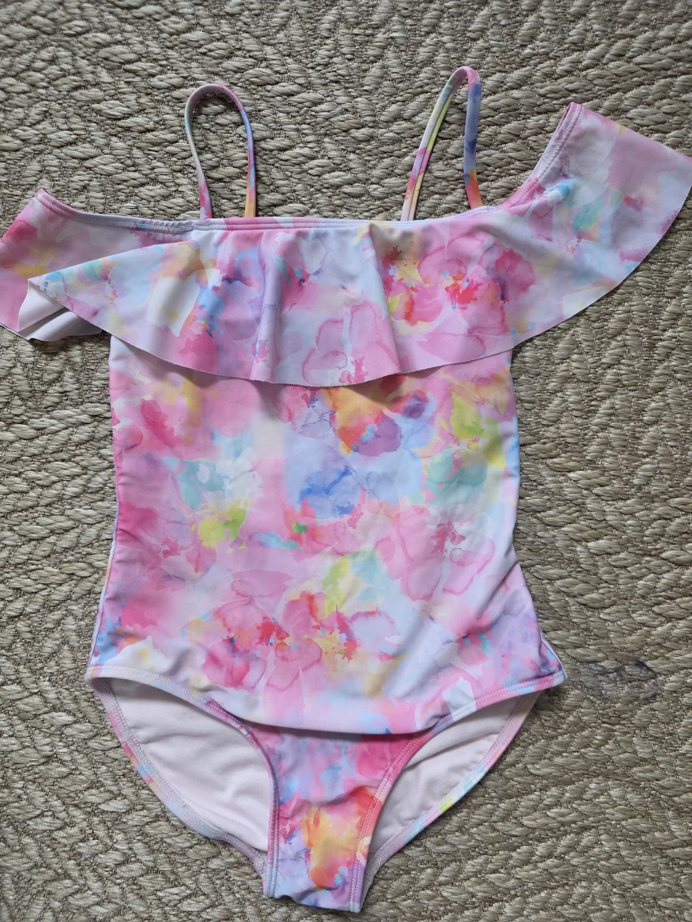 Girls' Pink Watercolor Ruffle One-Piece Swimsuit
